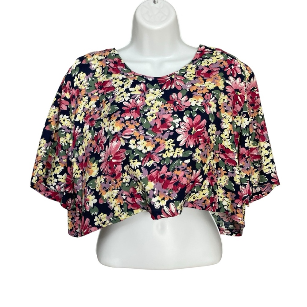 Vintage Floral Crop Top Blouse DIY Short Sleeves Playful Boxy Retro Round Neck